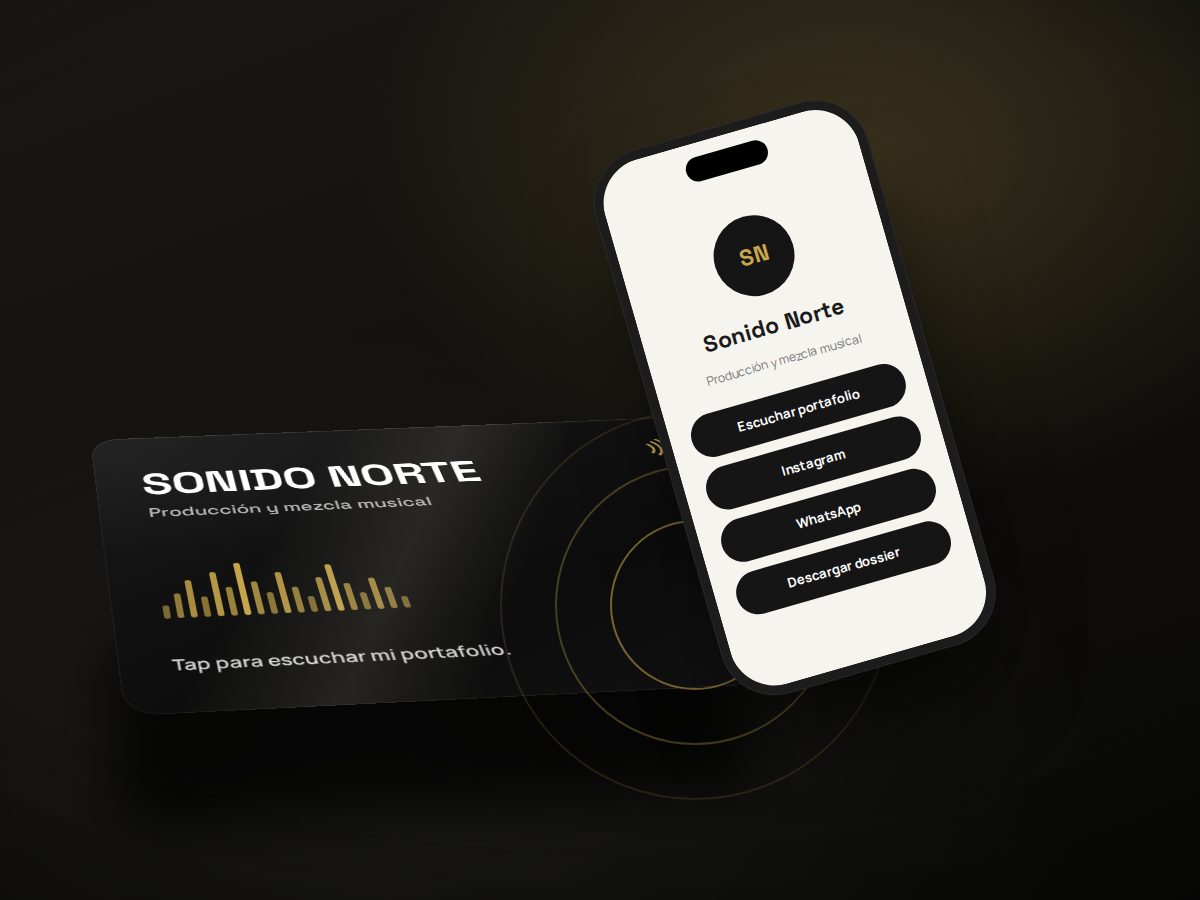 Render ilustrativo: un celular se acerca a una tarjeta NFC de un productor musical y abre su perfil con enlaces a portafolio, Instagram, WhatsApp y dossier